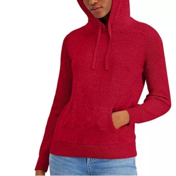 Style & Co 3X Vibrant Red Fine Knit Hooded Raglan Sleeve Front Pocket Sweater - Picture 1 of 15